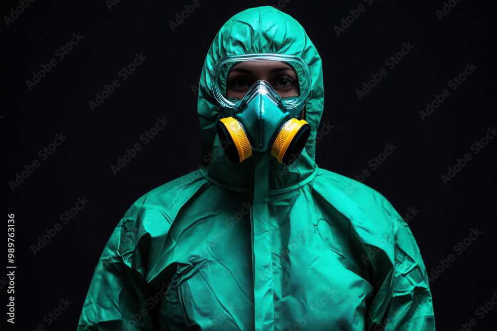 A striking image of an individual wearing a green protective suit and mask, emphasizing safety and readiness in hazardous environments, reflecting the importance of personal protective equipment. A striking image of an individual wearing a green protective suit and mask, emphasizing safety and readiness in hazardous environments, reflecting the importance of personal protective equipment.