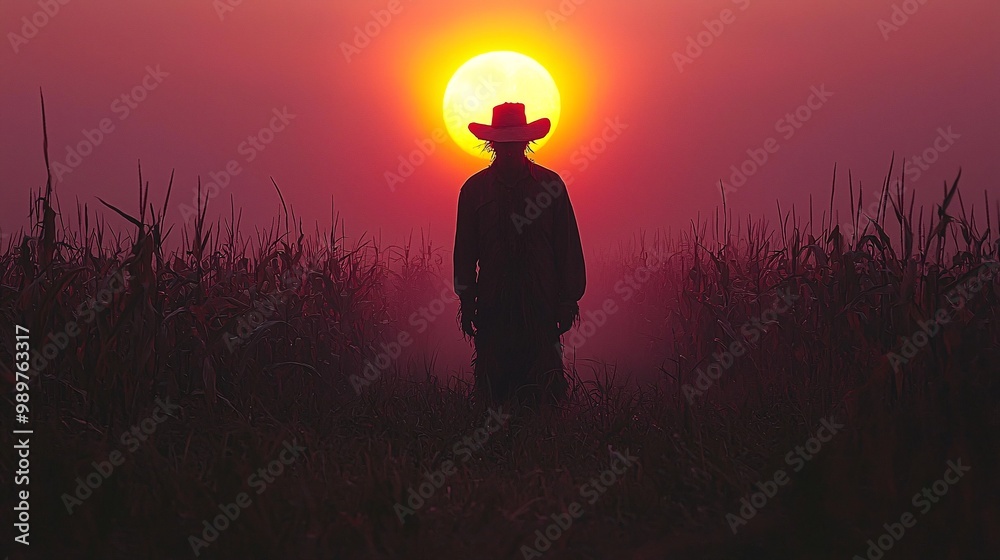 A sinister-looking scarecrow standing in the middle of a misty cornfield under a blood moon A sinister-looking scarecrow standing in the middle of a misty cornfield under a blood moon