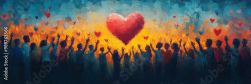 A crowd of diverse people reaching up towards a large red heart, signifying unity and love.