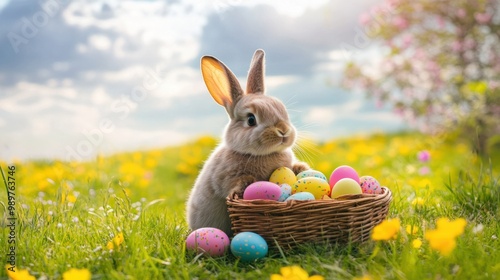 Cute Easter bunny with a basket of colorful eggs, sitting in a grassy field with bright flowers.