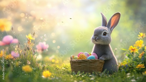 Cute Easter bunny with a basket of colorful eggs, sitting in a grassy field with bright flowers.