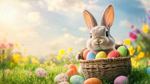 Cute Easter bunny with a basket of colorful eggs, sitting in a grassy field with bright flowers.