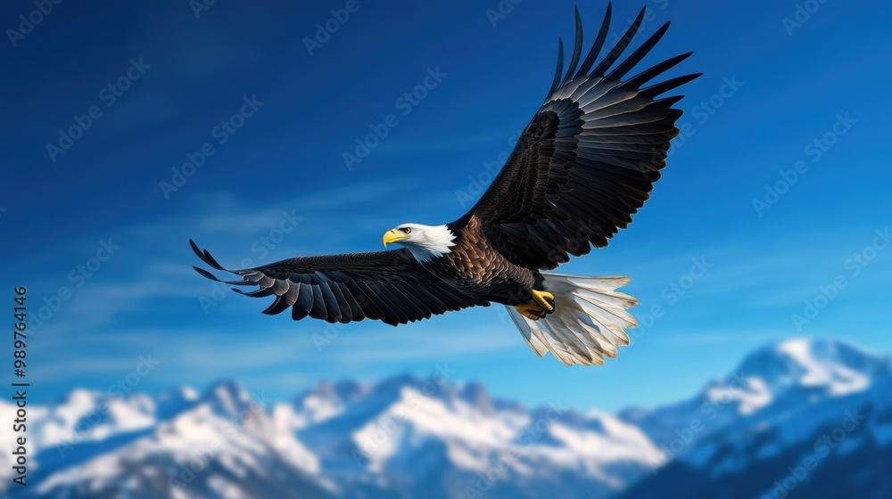 Naklejka premium Majestic Eagle Soaring Over Snowy Mountains