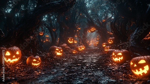 A dark forest with twisted trees and glowing jack-o-lanterns lighting the path