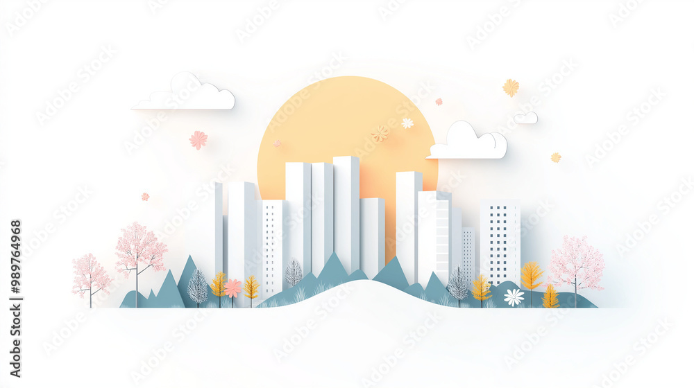 Fototapeta premium pring, blooming trees, some flowers, sunrise, pleasant colors, joy and happiness in the future, a building responsive to the environment. The skyline shows innovative, minimalistic green architecture 