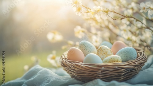 Decorative Easter eggs arranged in a woven basket, set against a soft, sunny spring backdrop.