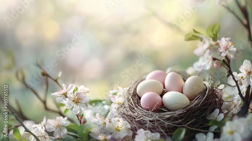 Decorative nest with pastel eggs, surrounded by blooming flowers on a soft spring background.