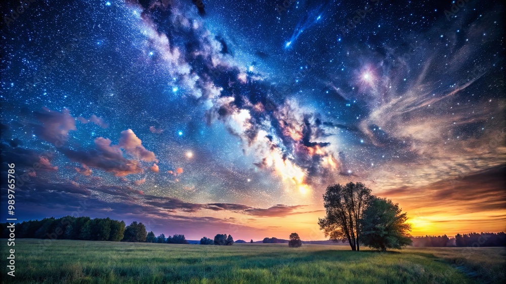 A breathtaking sunset over a vast field with a backdrop of a mesmerizing starry sky, a canvas of celestial wonders A breathtaking sunset over a vast field with a backdrop of a mesmerizing starry sky, a canvas of celestial wonders