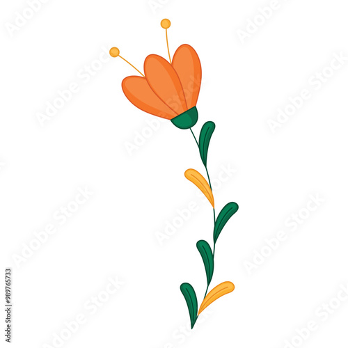 Orange flower with green leaves in minimalist design, Vector