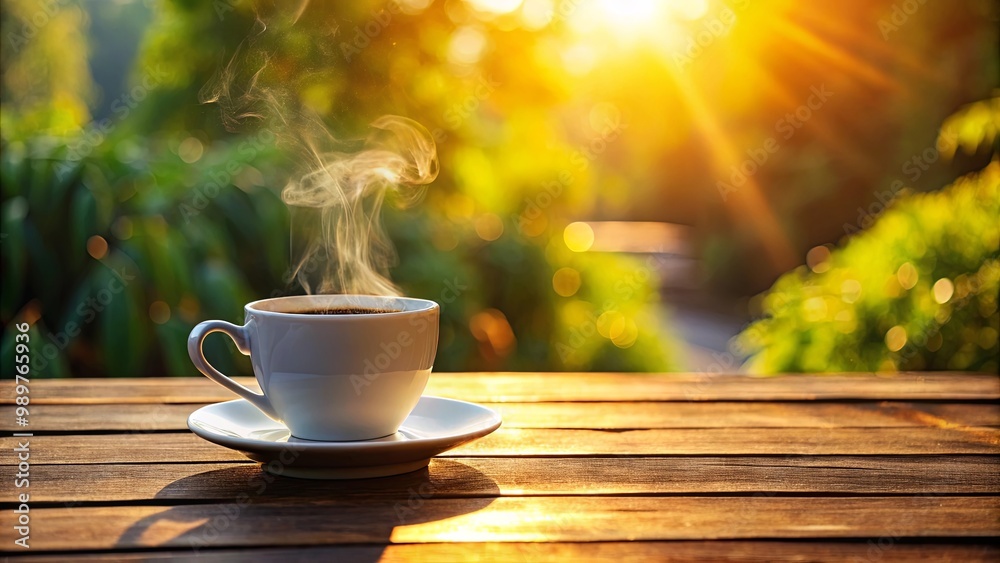 A steaming cup of coffee on a wooden table with a blurred background of sunlight filtering through trees A steaming cup of coffee on a wooden table with a blurred background of sunlight filtering through trees