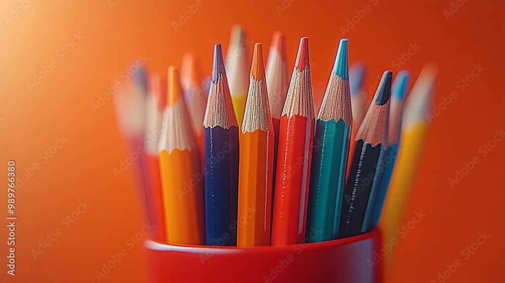 A cluster of sharpened colored pencils arranged in a red container with a blurred orange background A cluster of sharpened colored pencils arranged in a red container with a blurred orange background