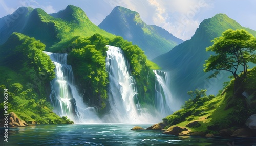 Serene Majestic Waterfall Flowing Through Lush Mountain Landscape Under Glimmering Sunlight