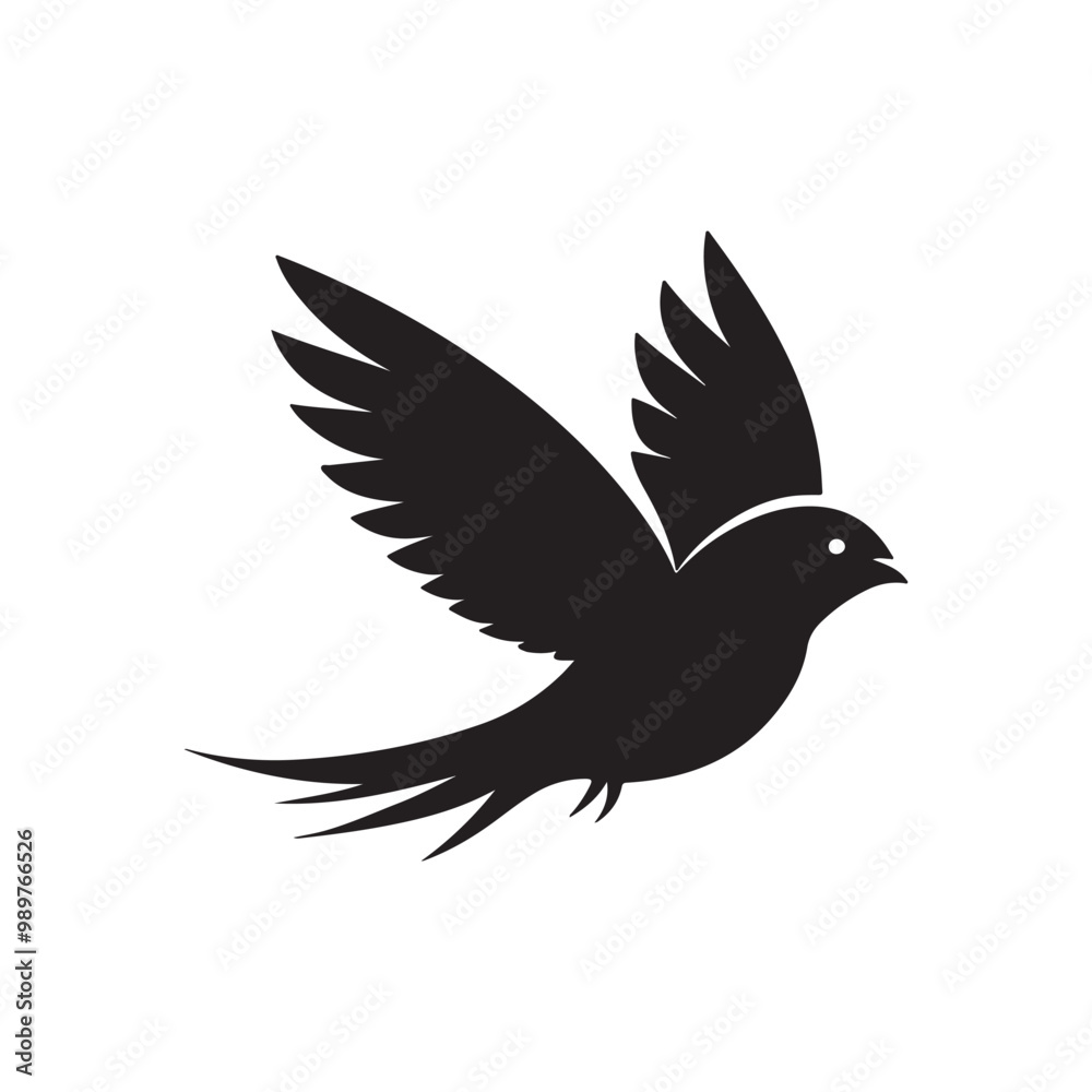 A minimalistic black silhouette of a sparrow mid-flight, its wings extended as it darts forwards A minimalistic black silhouette of a sparrow mid-flight, its wings extended as it darts forwards