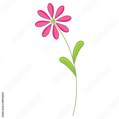 Pink daisy with green stem and leaves in simple style, Vector