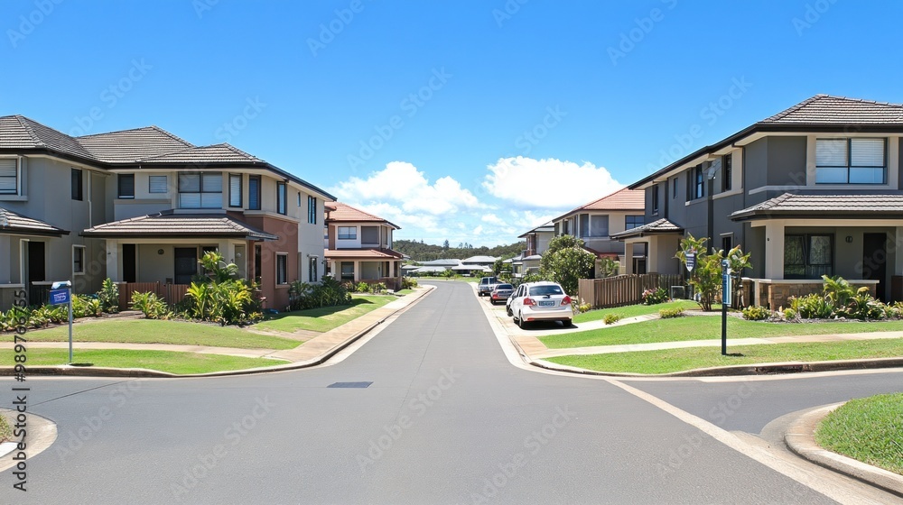 A suburban street view featuring houses, green lawns, and parked cars under a clear blue sky. A suburban street view featuring houses, green lawns, and parked cars under a clear blue sky.