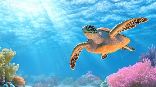Majestic Turtle Swimming Through Vibrant Coral Reef