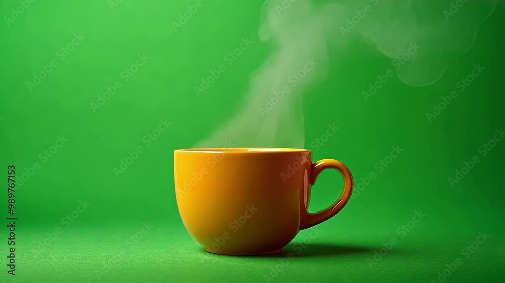 Steaming yellow coffee cup on a green screen background offers a versatile element for video projects. Ideal for compositing, this shot enhances visual storytelling and branding