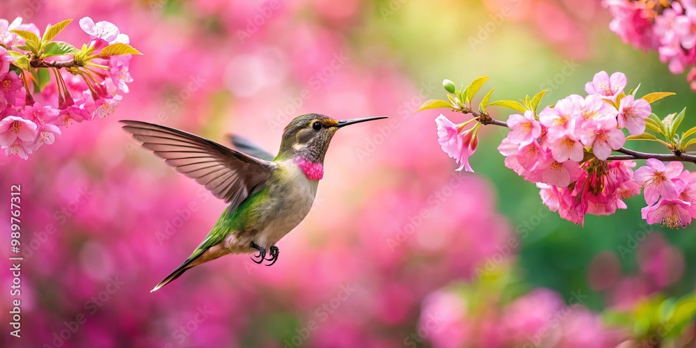 Fototapeta premium A Tiny Bird Soars Through a Sea of Delicate Pink Blossoms, Captured in a Moment of Graceful Flight