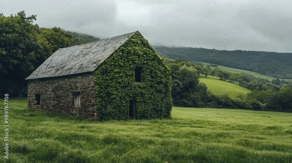 Stone House Covered in Ivy on a Green Meadow Stone House Covered in Ivy on a Green Meadow