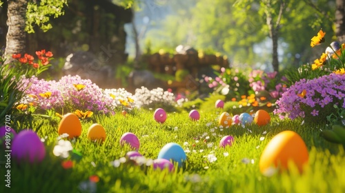 Egg hunt scene with colorful eggs hidden in a blooming flower garden on a sunny spring day.
