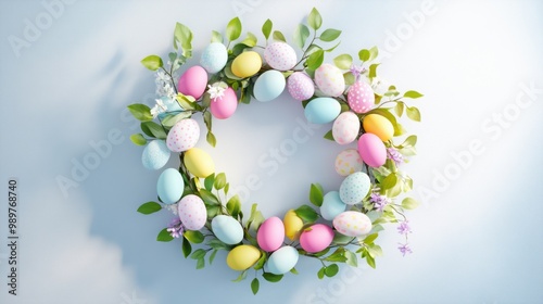 Floral Easter wreath with colorful eggs and fresh green leaves, hanging against a light background.
