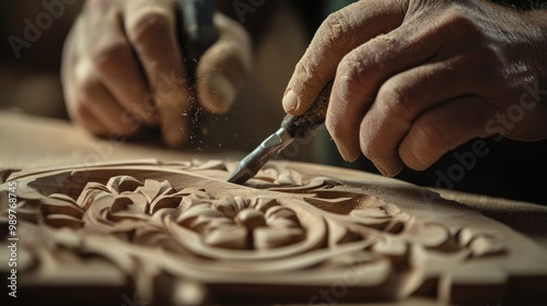 Woodcarving Craftsman: Close-up of Hand Carving Intricate Detail