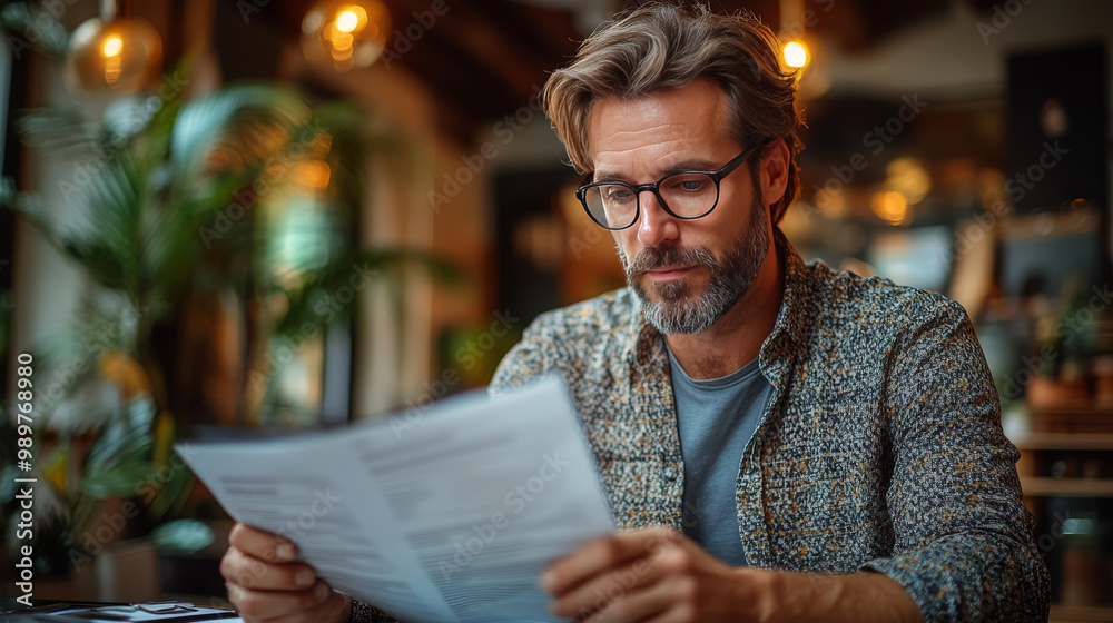 Man in glasses reads documents at a cafe. Man in glasses reads documents at a cafe.