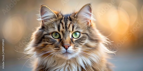 A portrait of a fluffy, brown tabby cat with green eyes looking directly at the camera with a soft, out-of-focus background.