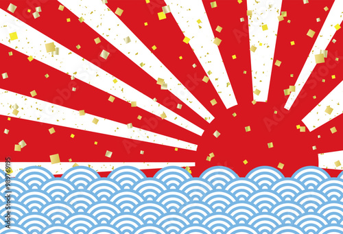 初日の出と青海波と金箔の和風ポストカード/赤・透過