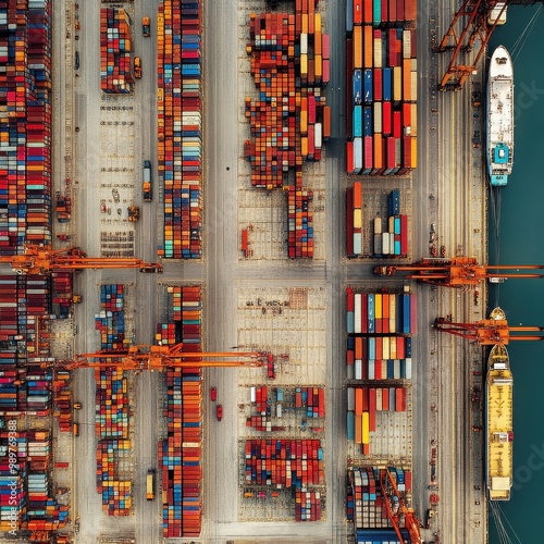 Global Commerce Hub: An aerial view of a bustling shipping port, showcasing colorful cargo containers, towering cranes, and massive cargo ships, highlighting the intricate network of international tra photo