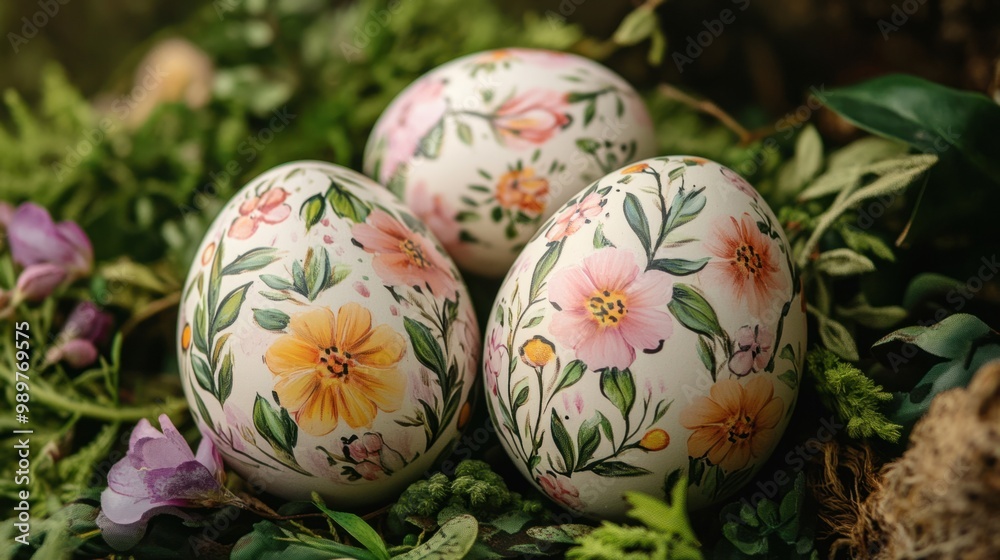 Fototapeta premium Hand-painted Easter eggs with delicate floral designs, surrounded by fresh spring foliage.