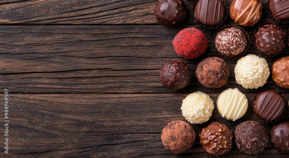 Naklejka premium assorted chocolate truffles on wooden background