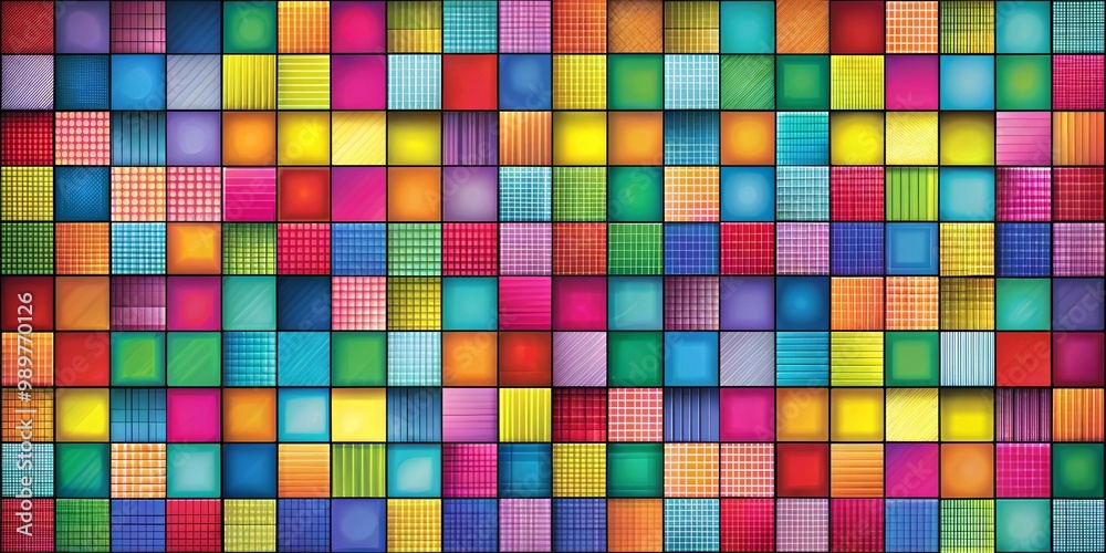 A vibrant mosaic of color and texture created with a grid of squares, each with its own unique pattern and hue A vibrant mosaic of color and texture created with a grid of squares, each with its own unique pattern and hue