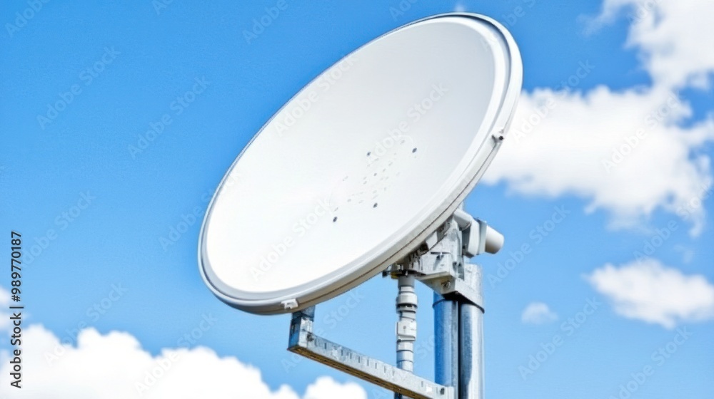 A satellite dish mounted on a pole against a blue sky with clouds. A satellite dish mounted on a pole against a blue sky with clouds.