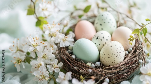 Pastel-colored Easter eggs arranged in a delicate nest, surrounded by fresh spring blooms.