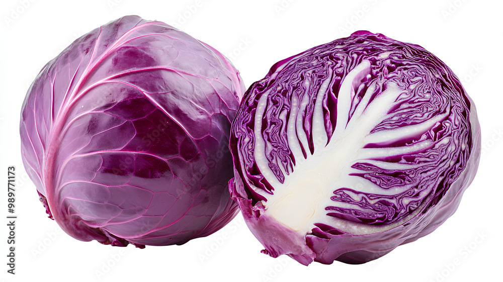 Fresh purple cabbage isolated on a white background. One whole and one half, showcasing the vibrant purple leaves and intricate white veining inside. Perfect for healthy food illustrations and vegetab