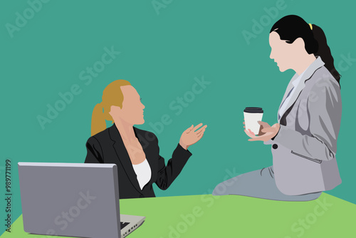 Two worker colleague taking a break rest have happy fun chat and enjoy drinking coffee in the office