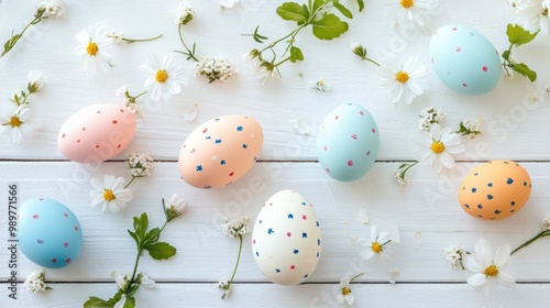 Pastel-colored Easter eggs scattered on a white wooden surface, with spring flowers around.