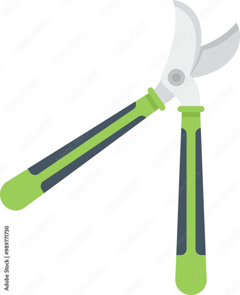 Gardening secateurs tool with green handles, cutting branches icon in flat style Gardening secateurs tool with green handles, cutting branches icon in flat style