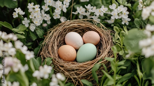 Pastel-colored eggs in a straw nest, with blooming flowers and soft green grass.