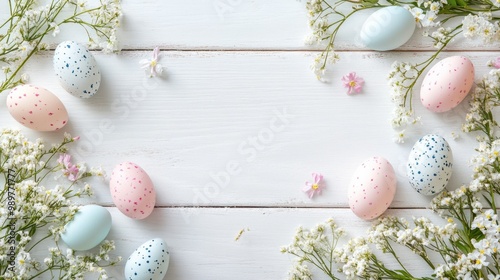 Pastel-colored Easter eggs scattered on a white wooden surface, with spring flowers around.