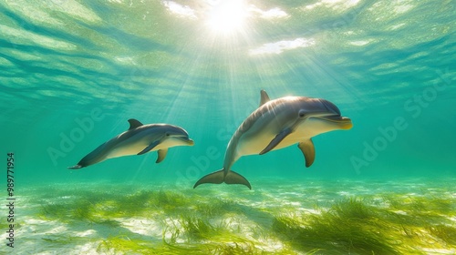 Playful Dolphins Swimming in Vibrant Ocean Waters photo