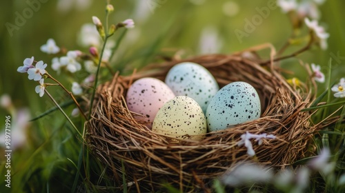 Pastel-colored eggs in a straw nest, with blooming flowers and soft green grass.