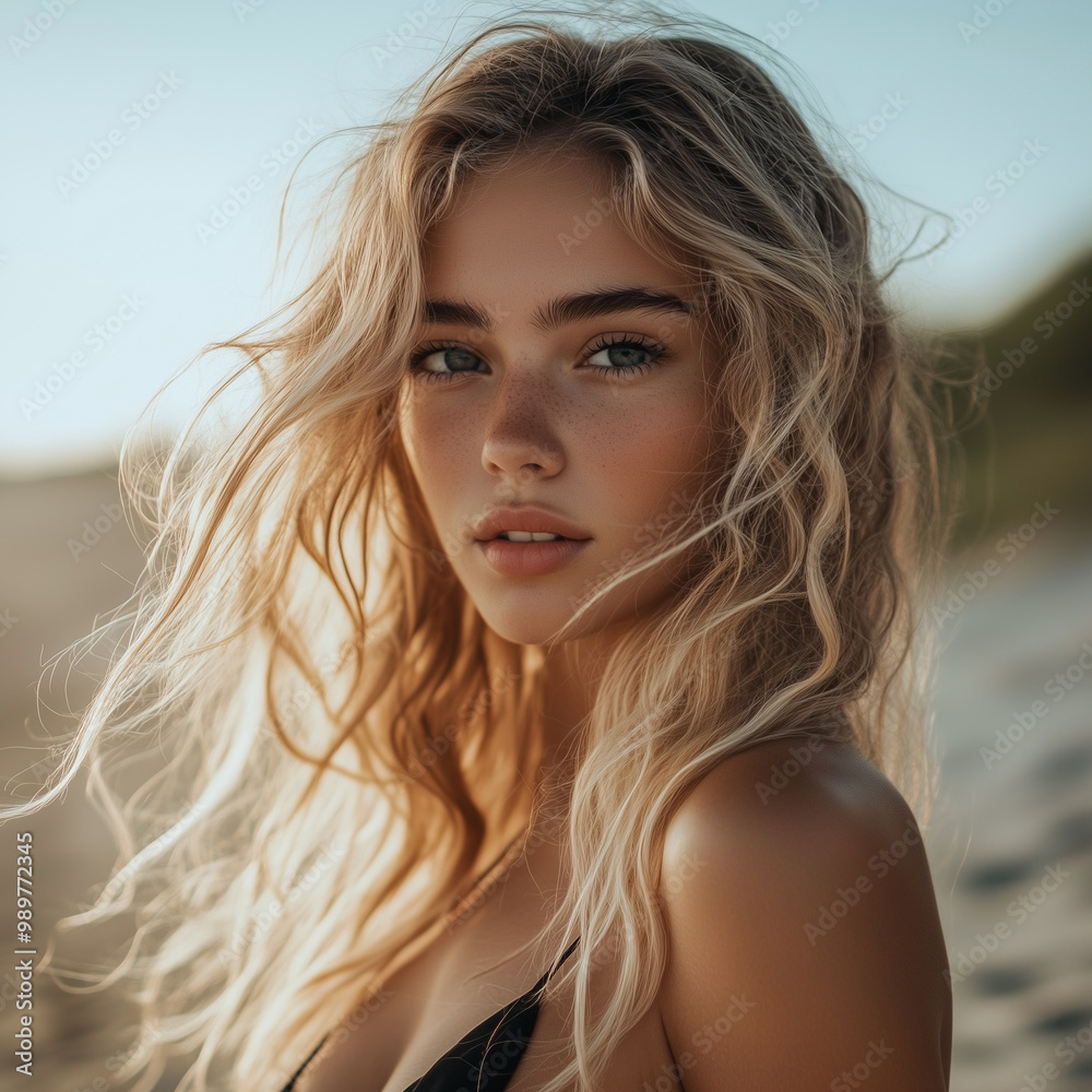 portrait of a beautiful sensual blonde woman on the beach with ocean waves behind her in the sunlight with cloudy blue sky portrait of a beautiful sensual blonde woman on the beach with ocean waves behind her in the sunlight with cloudy blue sky