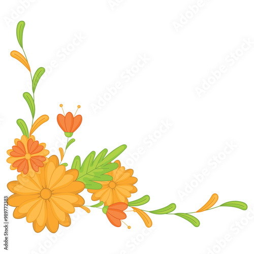 Orange and yellow floral corner arrangement with green leaves, Vector