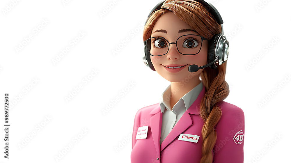 3D cartoon-style female customer service avatar in a pink suit, white shirt, confident with headset, HD render 3D cartoon-style female customer service avatar in a pink suit, white shirt, confident with headset, HD render