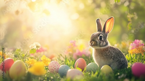 Soft-focus background with a bunny, colorful eggs, and bright flowers in a sunlit field.