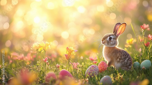 Soft-focus background with a bunny, colorful eggs, and bright flowers in a sunlit field.