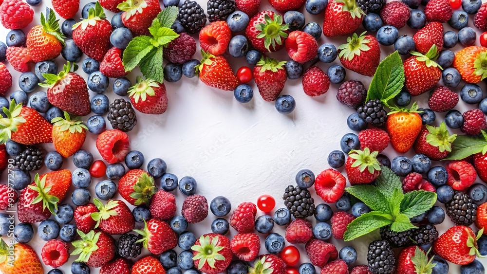 A vibrant and colorful array of fresh berries and mint leaves form a circular frame, leaving space in the center for text or a product. A vibrant and colorful array of fresh berries and mint leaves form a circular frame, leaving space in the center for text or a product.