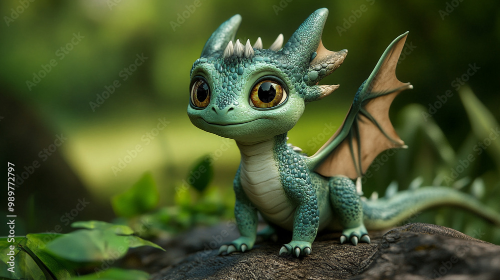 Fototapeta premium A small, friendly dragon character exploring a lush garden on a sunny afternoon
